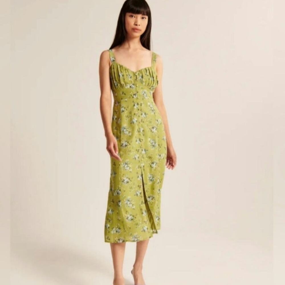 Abercrombie & Fitch Lime Green Floral Button Front Cottagecore Midi Dress Medium